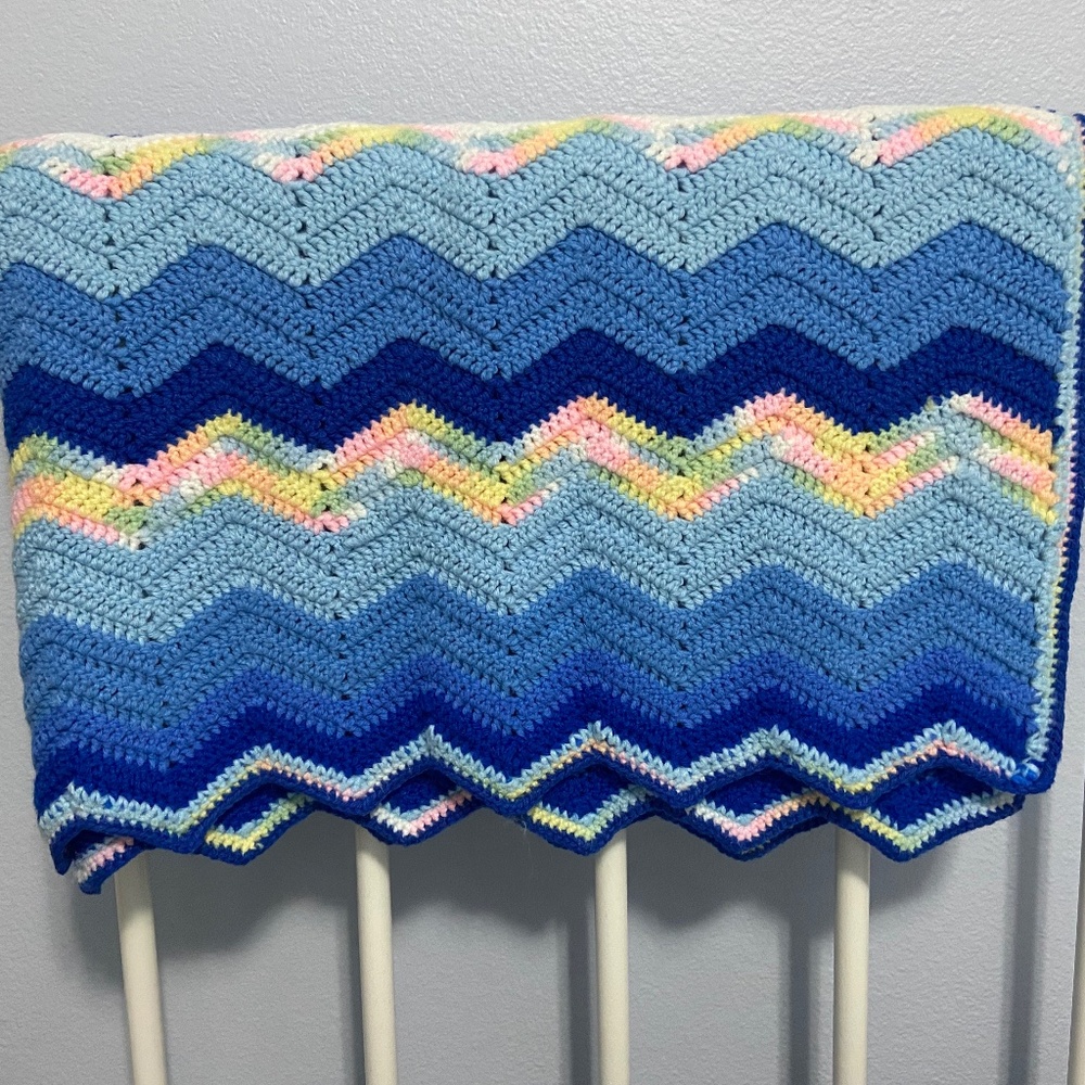Hand Crocheted Chevron Afghan Throw; Blue and White; Thick and Soft; Perfect